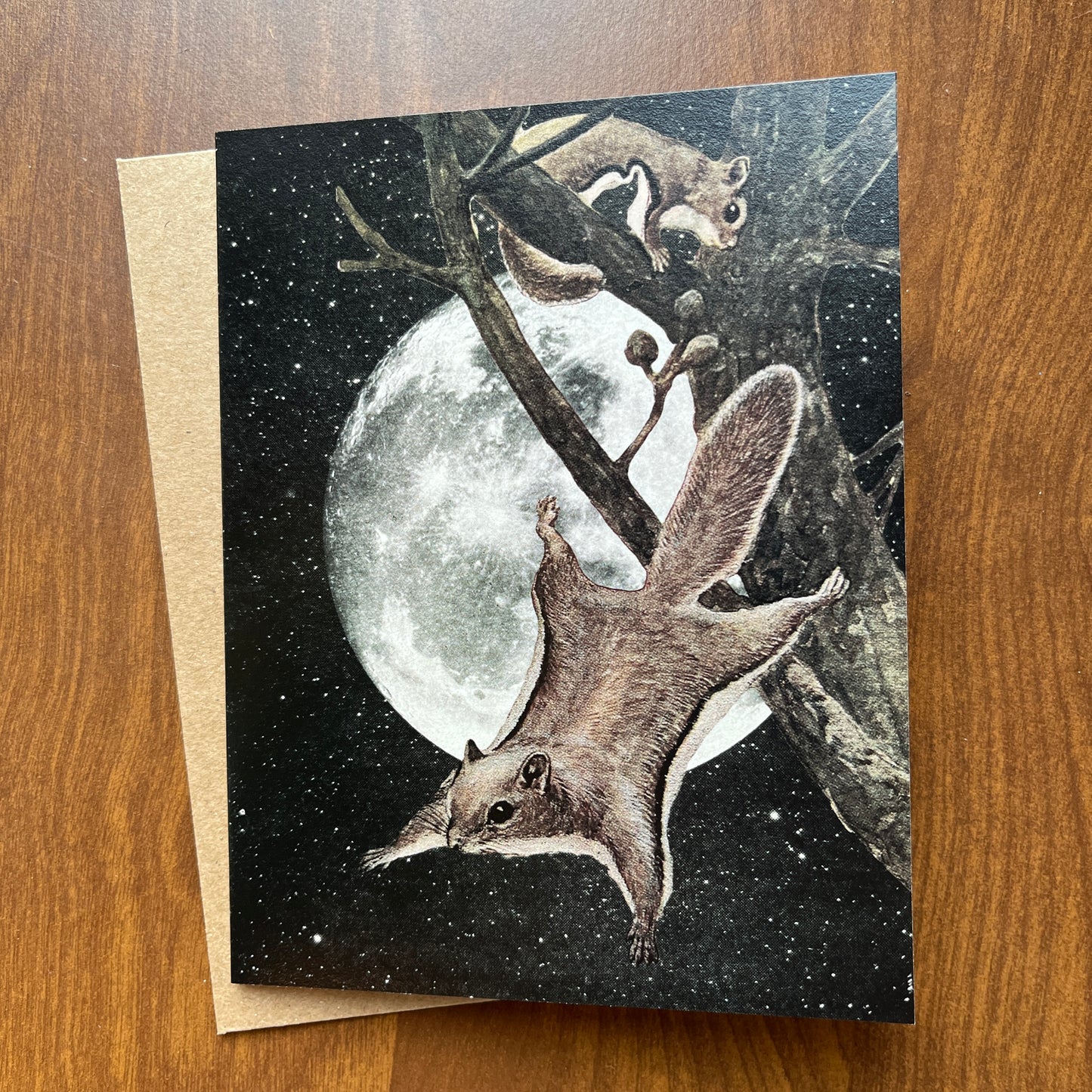 Squirrels Fly in Moonlit Sky Card